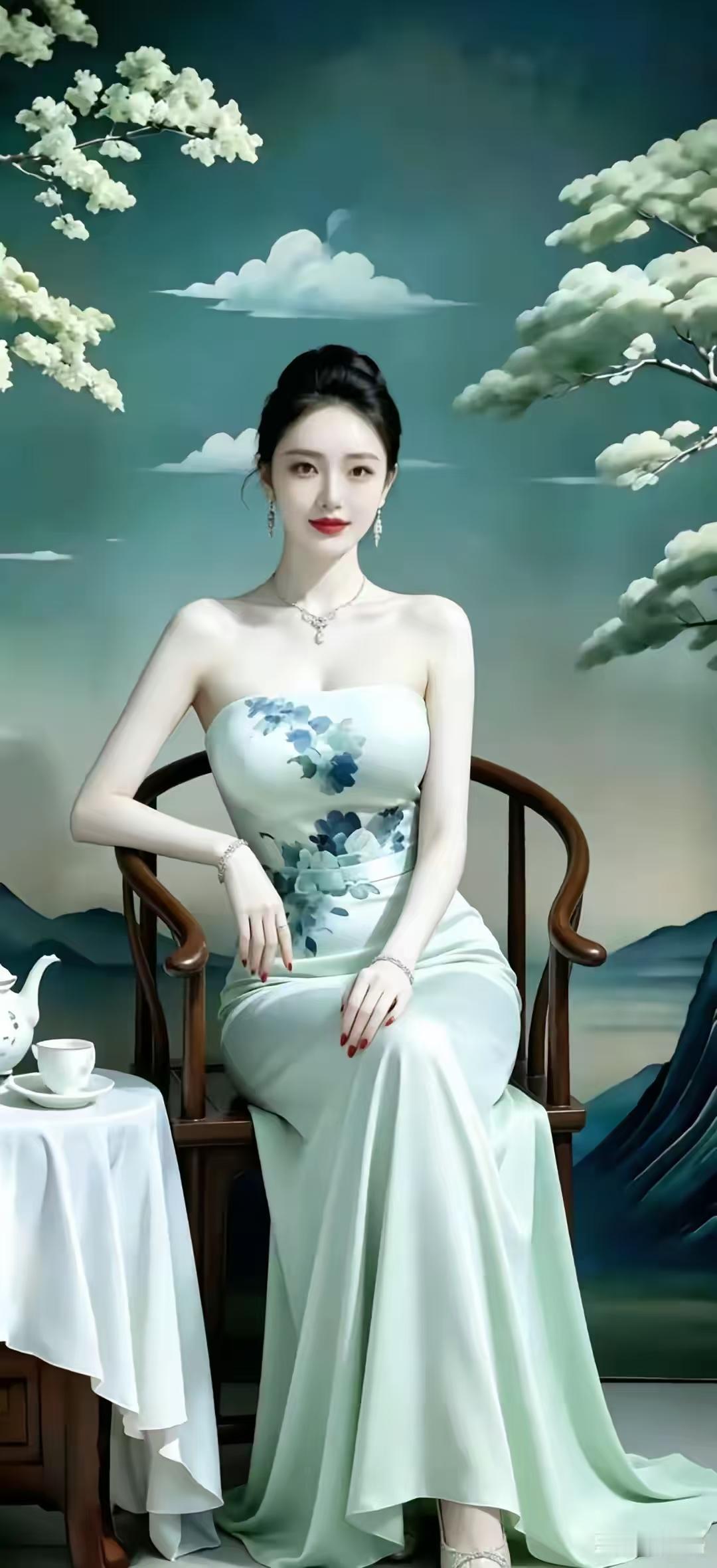 殿前欢·旗袍烹茶
素襟袍，
盘花绣影坐廊梢。
瓷壶细煮清泉泡，
汤泛金醪。
茶香