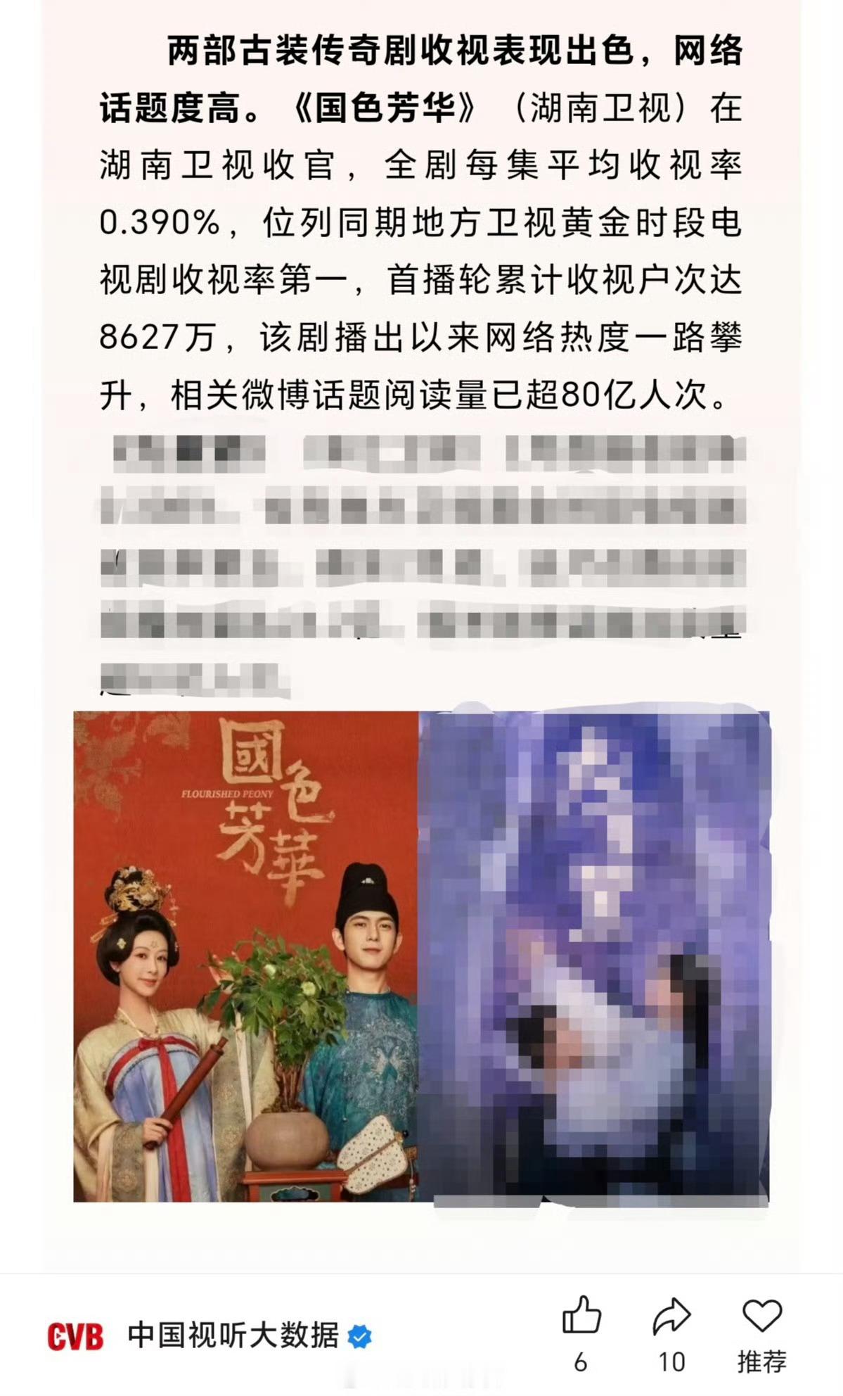 CVB官方发布，《国色芳华》收视表现出色！首轮累计收视户次达8627万！！！一直