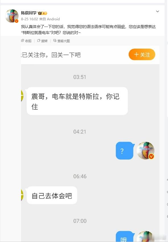 他的意思是，特斯拉才算是真电车，你们这些国产的电车都是拙劣的模仿品根本算不上电车