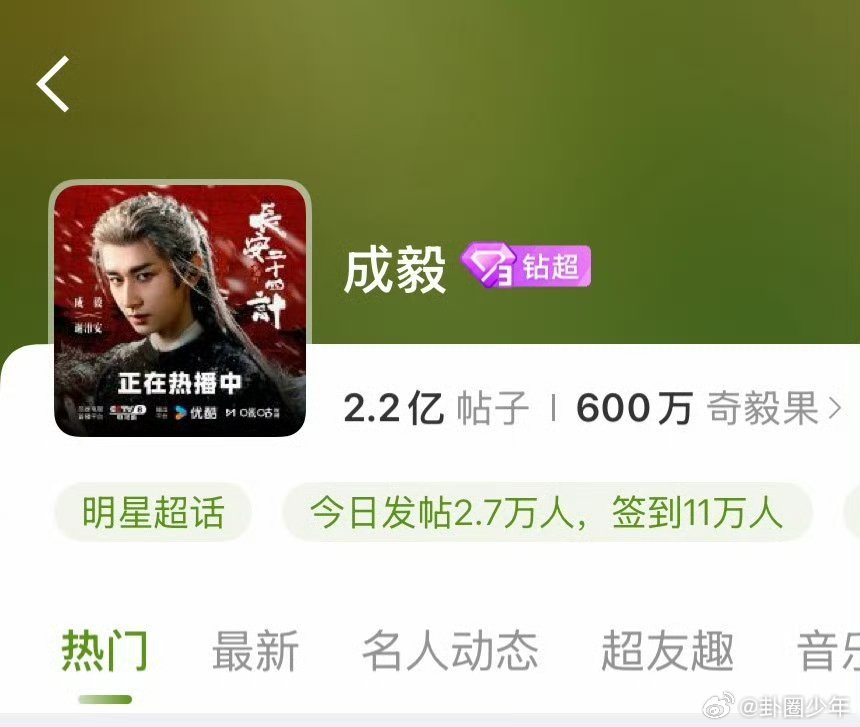 成毅超话600万粉丝 600万份爱意双向奔赴！他把粉丝当同行者，用早安晚安的叮嘱