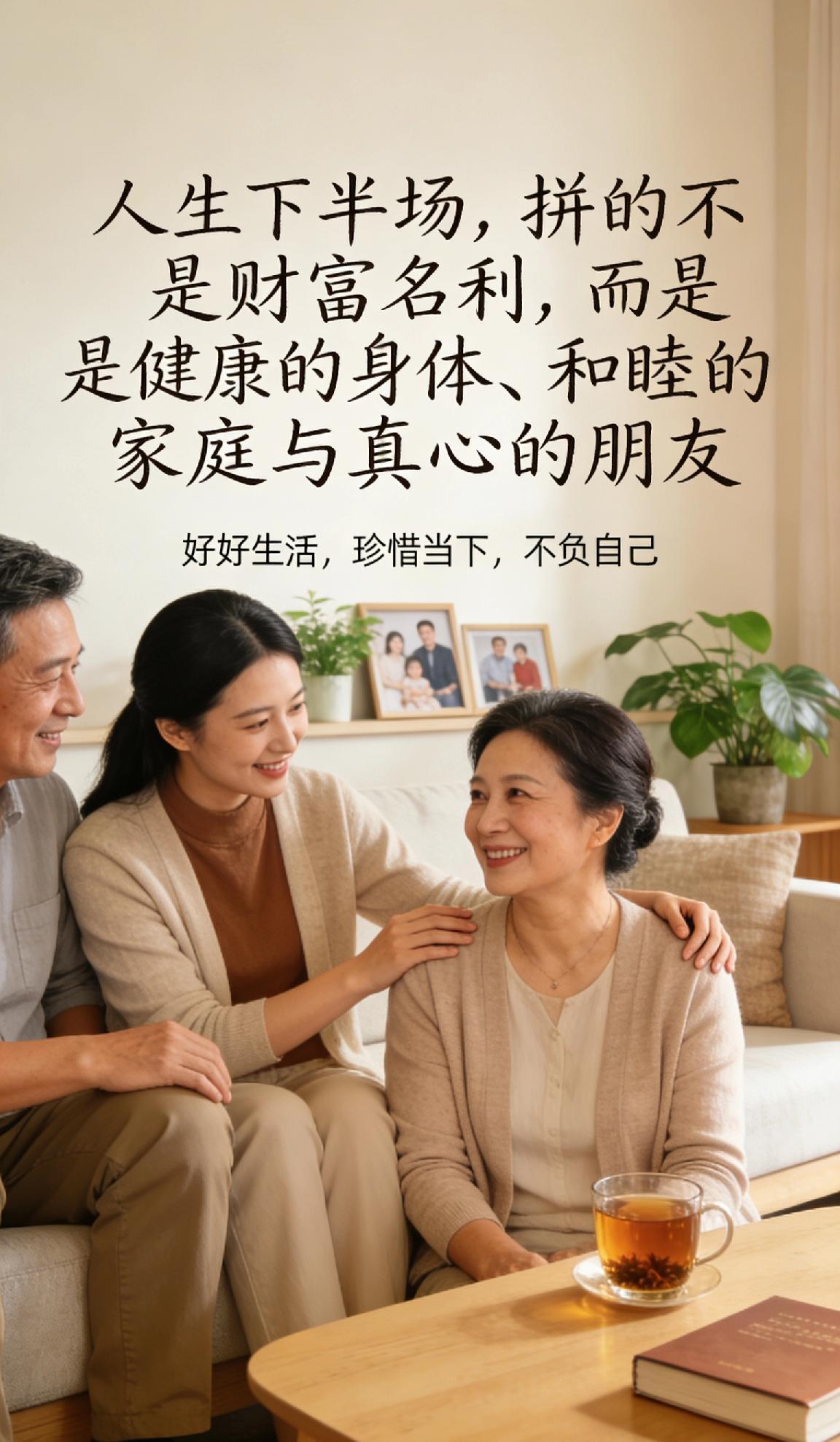 分享今日的人生感悟人生下半场，拼的不是财富名利，而是健康的身体、和睦的家庭与真心