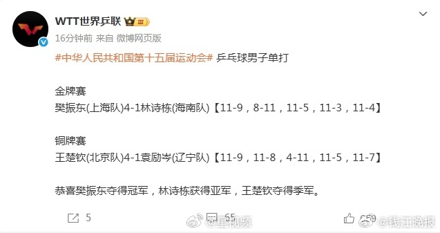 【】 11月16日，全运会乒乓球成年组男单金牌赛，樊振东4-1战胜林诗栋，卫冕成
