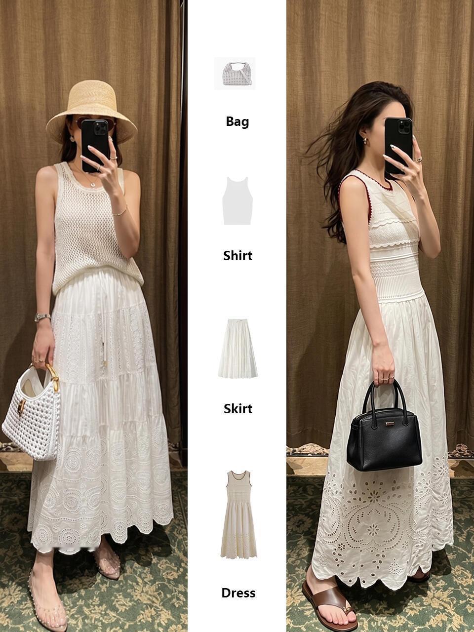 白色裙子太优雅气质了，是夏日氛围感单品！
镂空刺绣白裙自带温柔滤镜，搭配同色系针