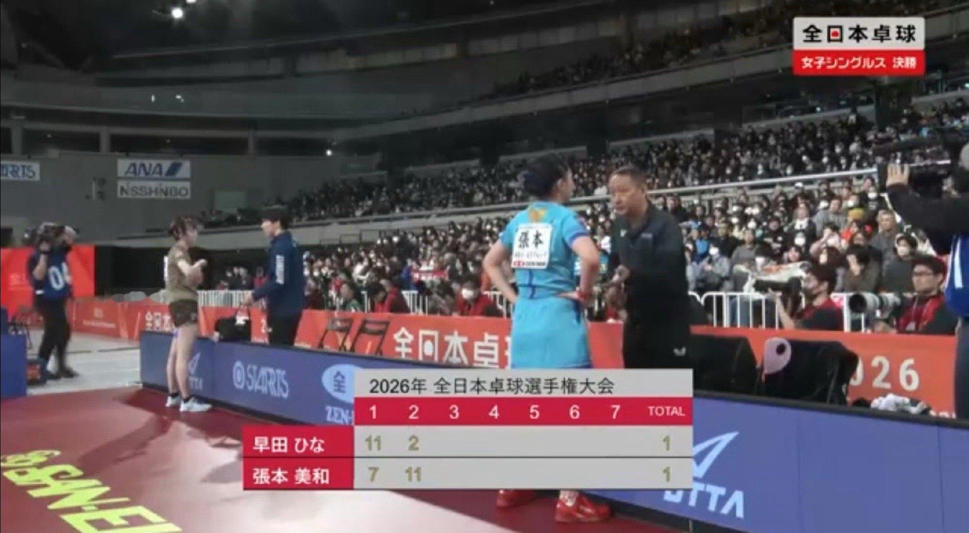 张本美和1-1早田希娜美和终于拿下了自己对早田的第一局（连续两年决赛都是0-4输