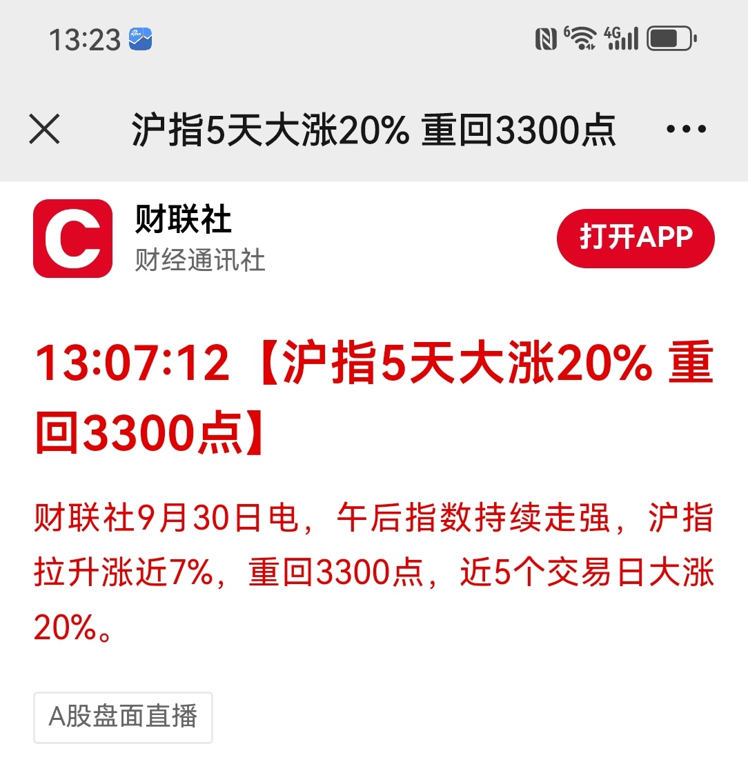 #A股狂飙##A股疯牛# 【沪指5天大涨20% 重回3300点】财联社9月30日