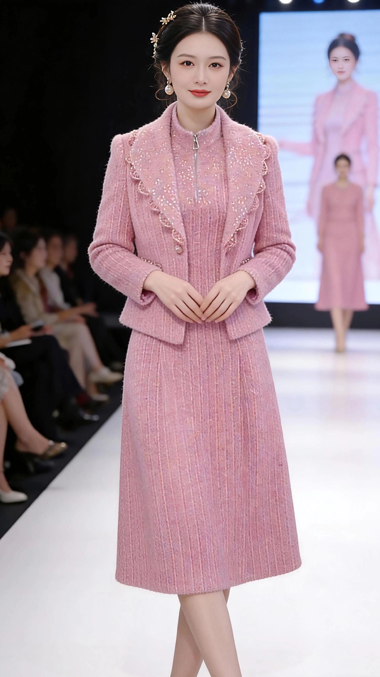 粉纱织就的秀场诗篇
 
T台的光像揉碎的星子，落在那袭烟粉色的粗花呢套裙上，便漾