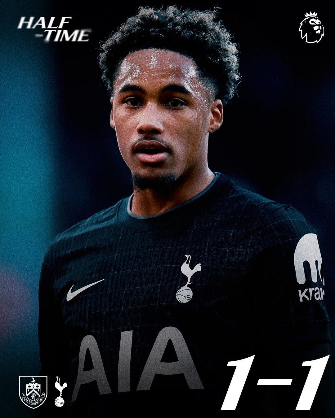 上半场比赛结束，凭借范德文的卧射破门，热刺1-1伯恩利coys