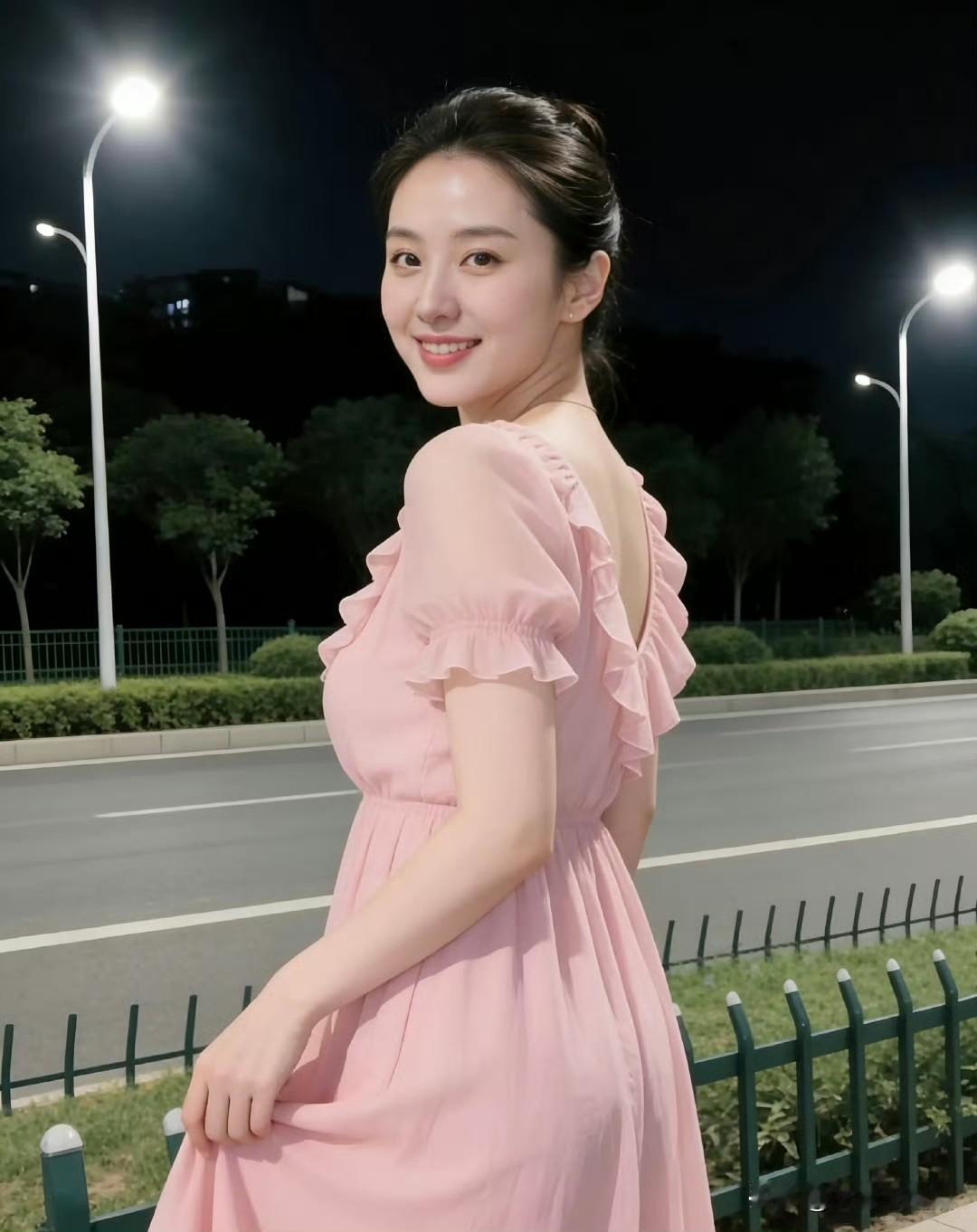 一个女孩在夜晚散步，微笑着回头。