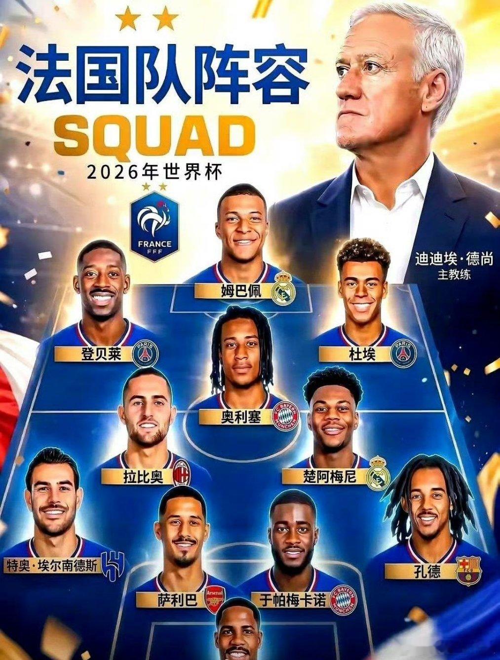 这届世界杯，法国队根本没法踢。前场四个前锋，姆巴佩、登贝莱、奥利塞、杜埃，加起来