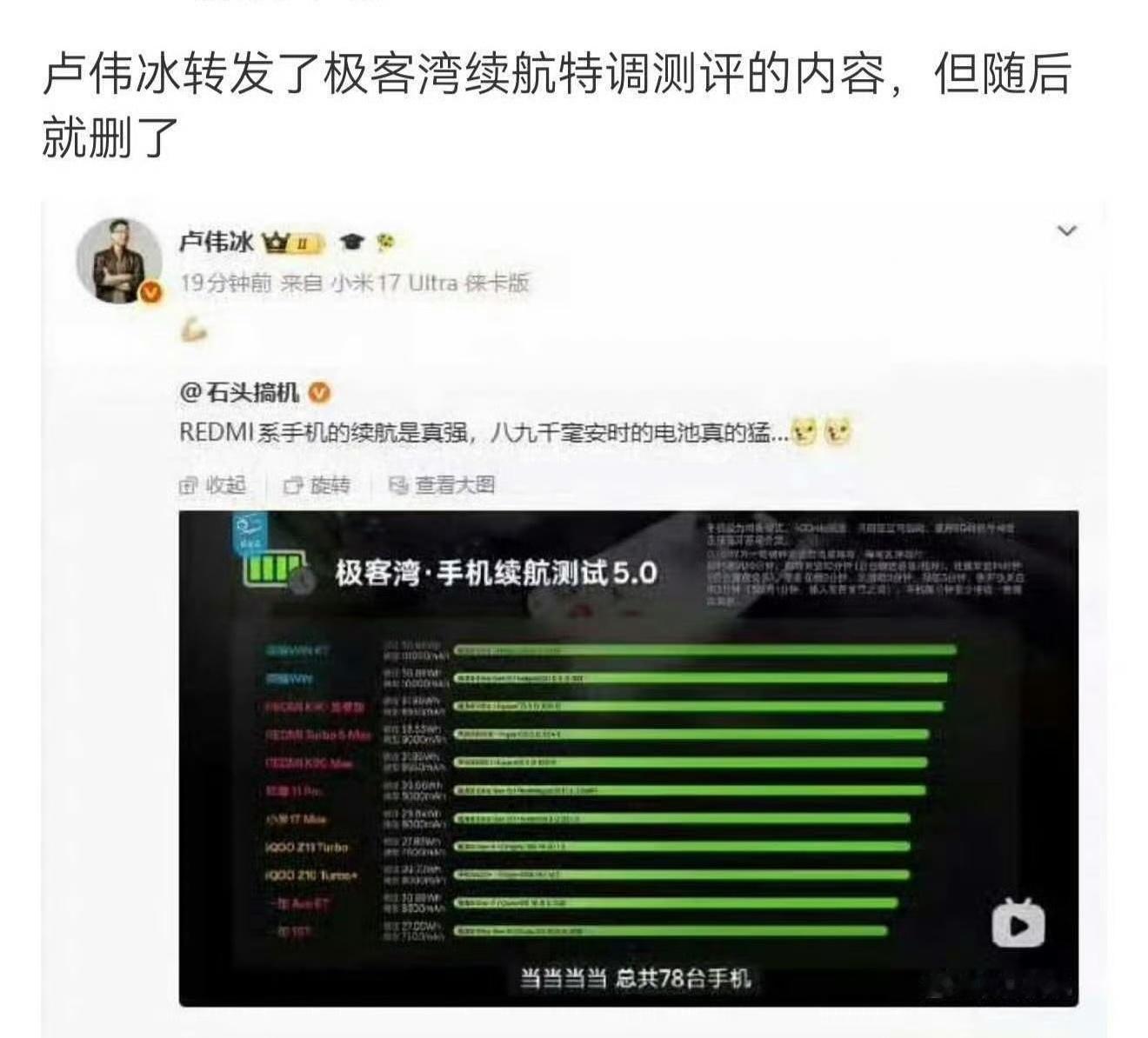 卢伟冰转发极客湾测评后秒删村通网，不懂就问，这是啥情况？多年前的谁删了吗？🙈?