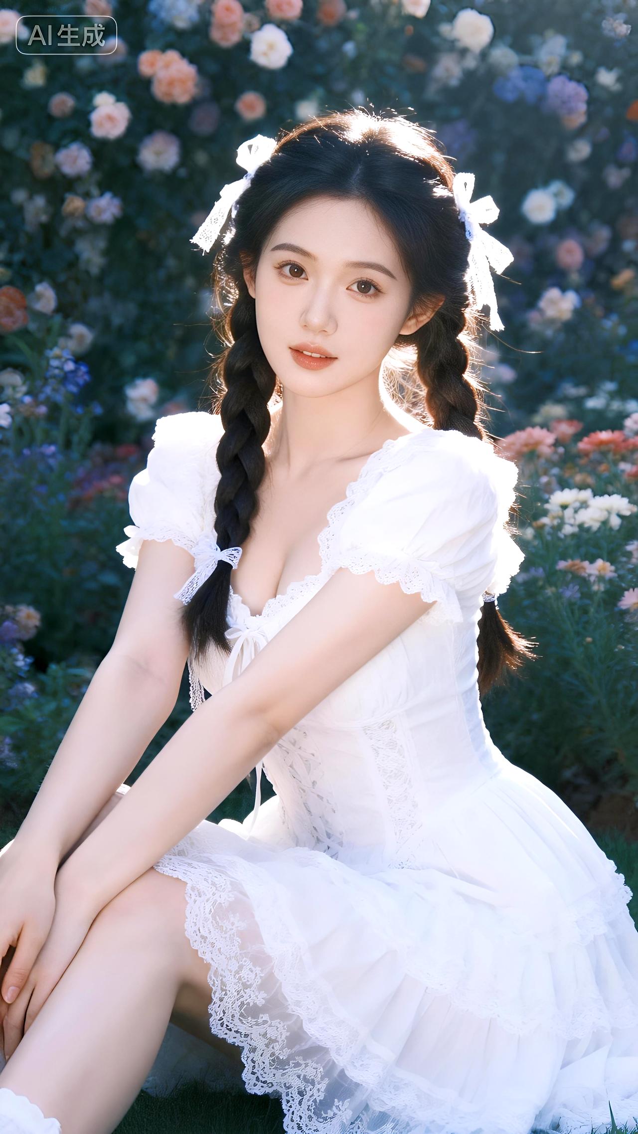 新年生活图鉴繁花簇拥的花墙前，她编着麻花辫身着蕾丝白裙，宛若林中走出的仙子。豆包