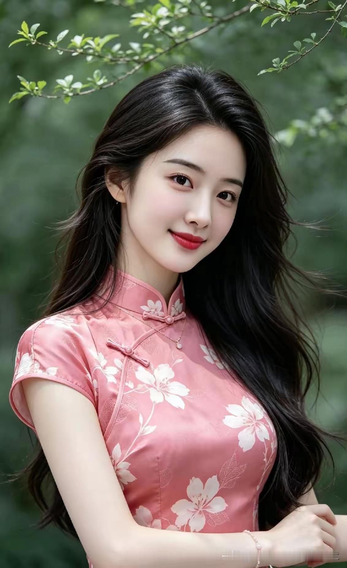 一个穿粉色旗袍的女孩在微笑。