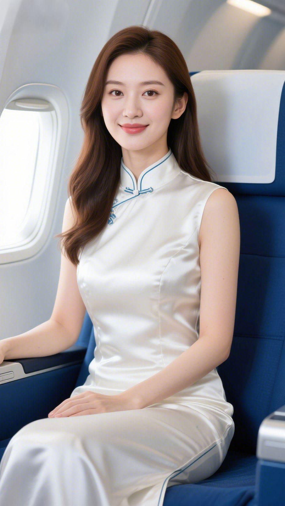 《素缎临窗，云程含柔》
 
舷窗外的云潮漫过机翼时，她正轻靠在蓝绒座椅上，素缎旗