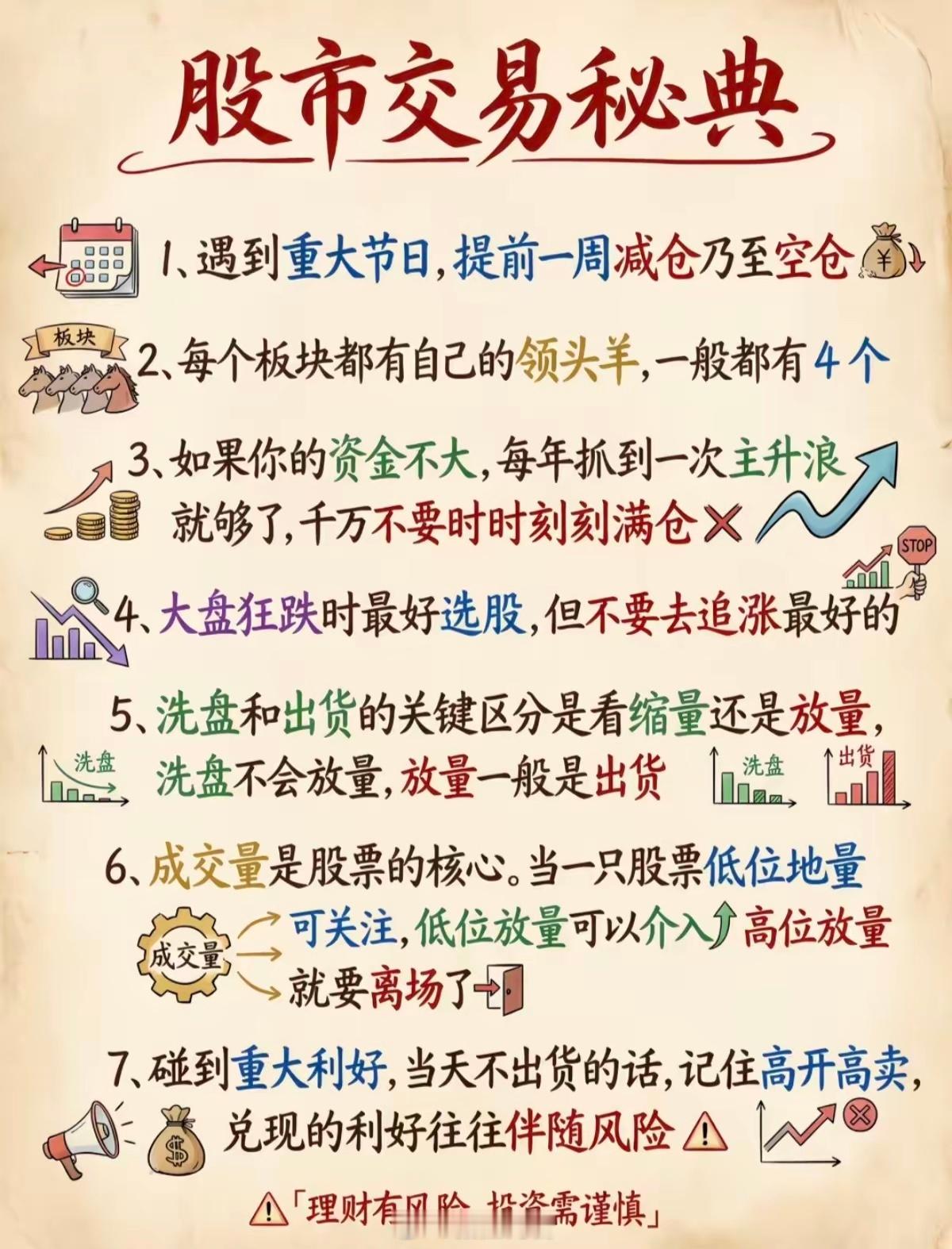 股市7条交易心法，看懂少亏几十万老股民珍藏的7条股市交易心法，句句实战干货。节日