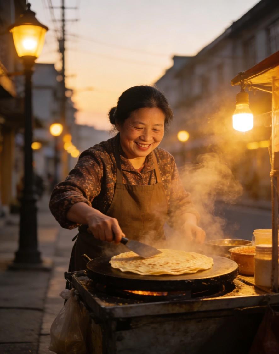 清晨六点半，街角的煎饼摊已经冒热气。

摊煎饼的大姐手没停过，脸上却带着笑。有人