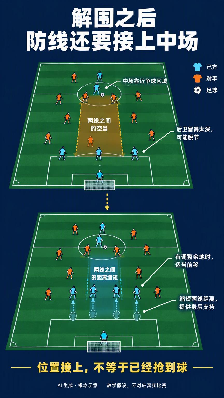 球解围出去了，后卫还得看看自己离中场多远一脚把球解围出去，中场往落点靠，后卫却还
