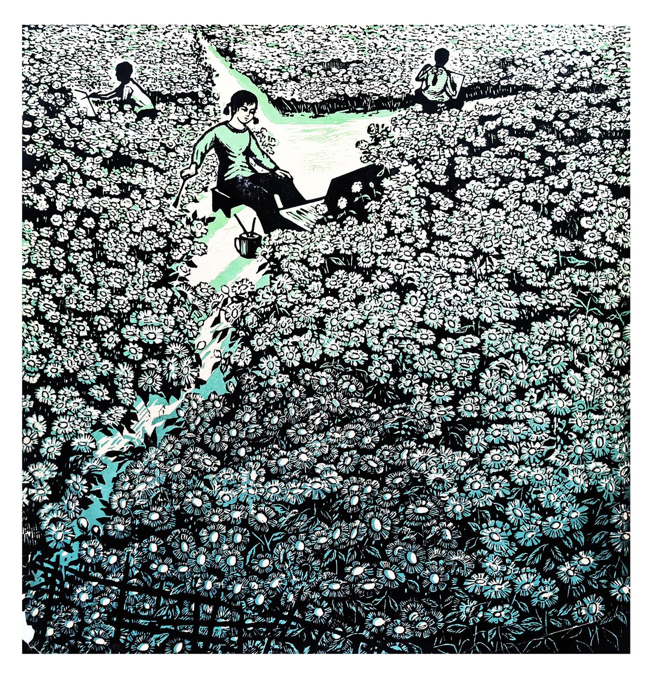 1978年

漫山遍野盛放的白菊，田埂间写生的青年。

时近70年代尾声，版画创