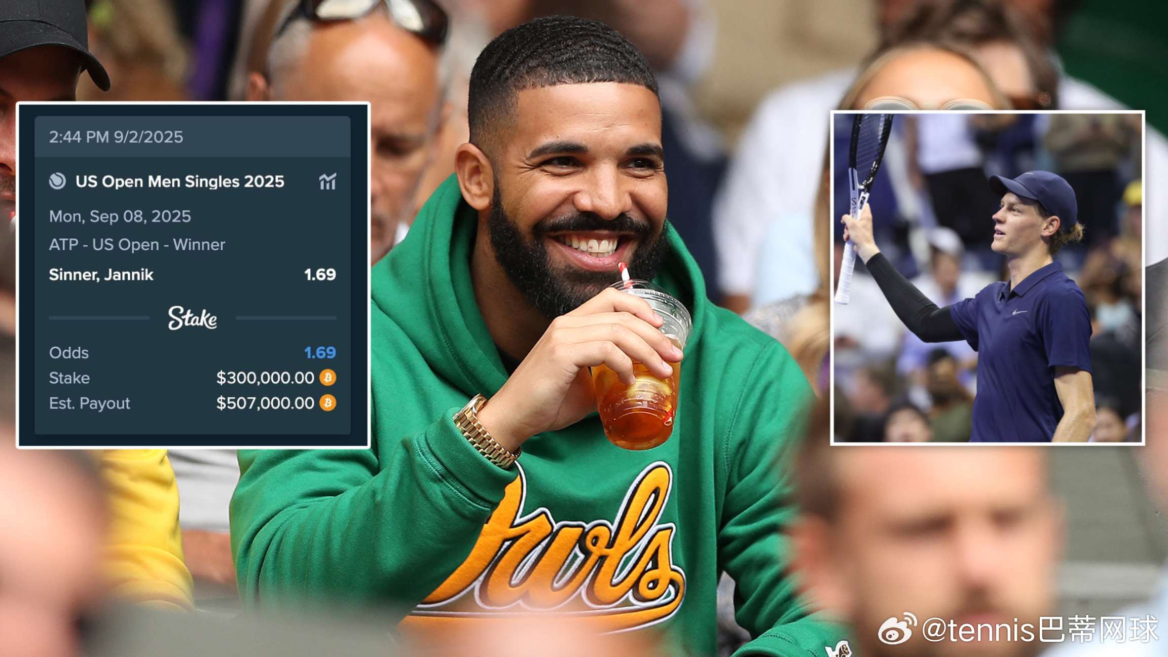 说唱歌手德雷克下了30万美元的赌注，赌辛纳赢得美网冠军🏆所谓的德雷克诅咒队因过