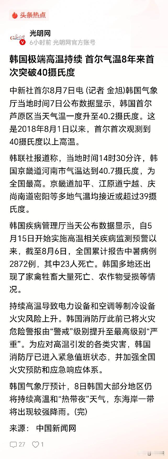 韩国人太惨了
韩国疾病管理厅当天公布数据显示，截至8月6日，韩国累计报告中暑病例
