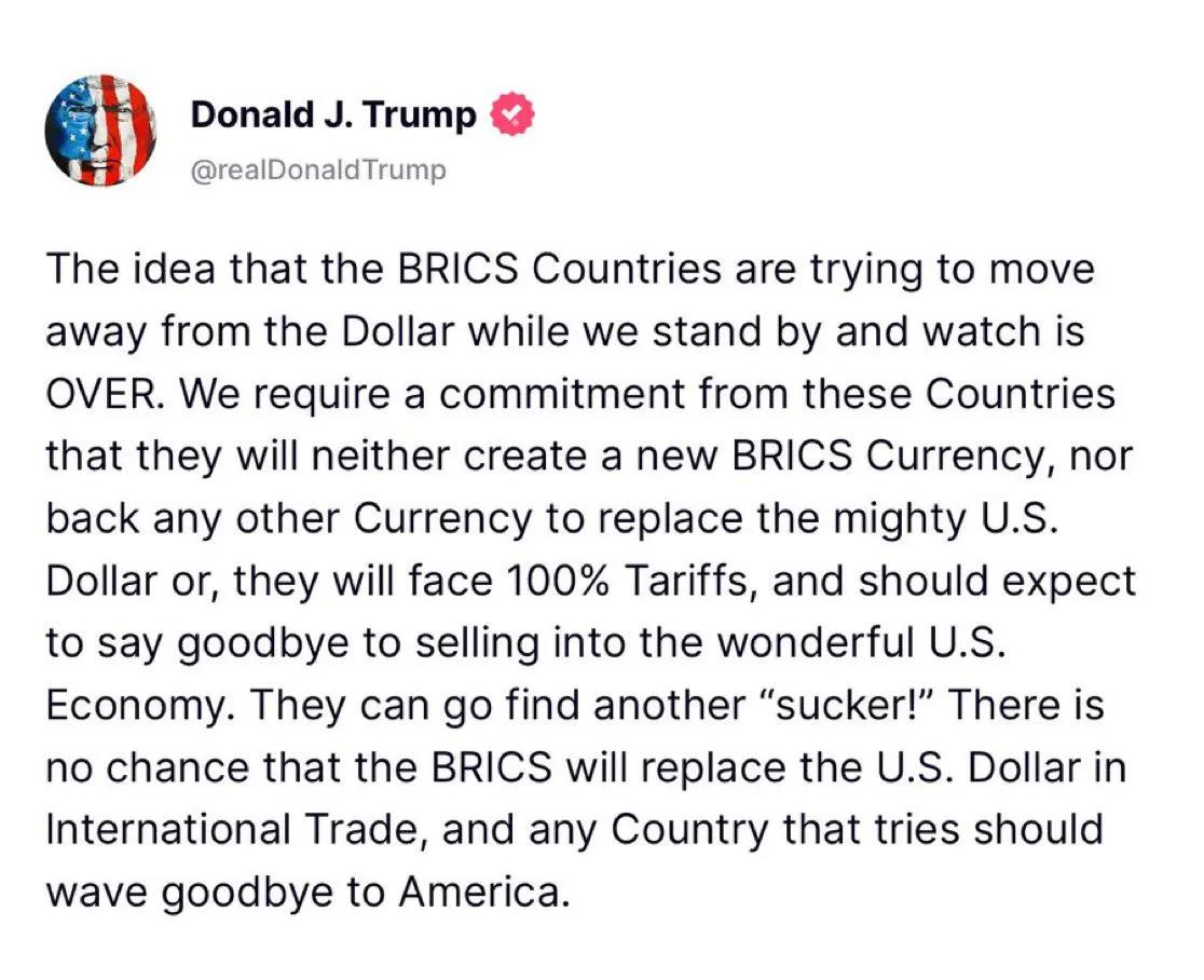 新特朗普宣布对支持美元替代品的国家征收100%的关税。