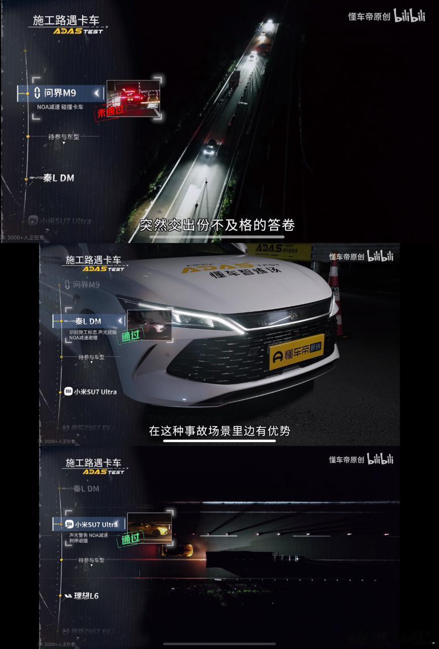 经过实测，在夜间施工路遇卡车的情况下。问界M9的表现既不如小米SU7，也不如比亚
