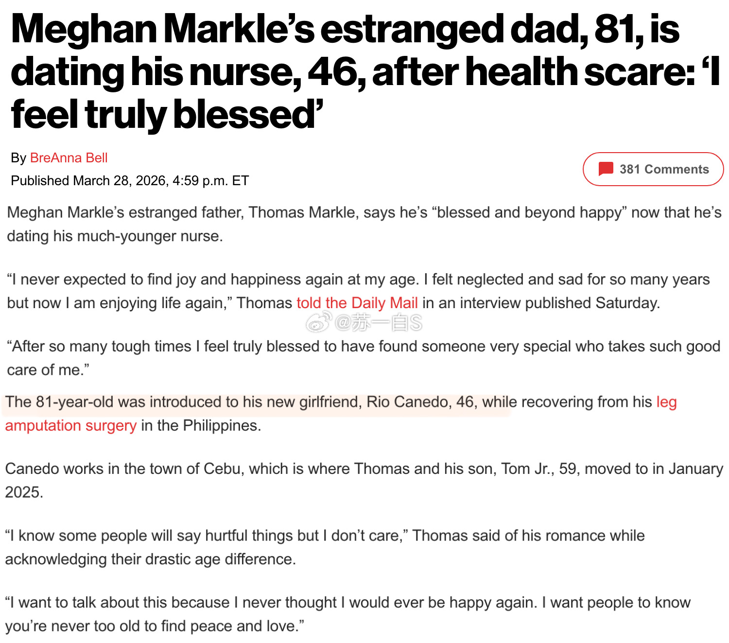 真·住院爱上护士……梅根（不联络的）亲爹、哈里名义上的岳父Thomas Mark