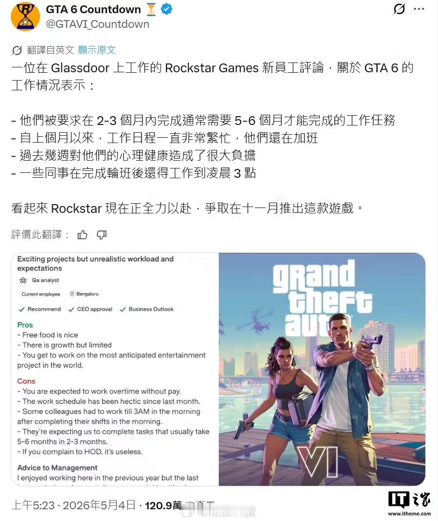 【R星印度员工自曝工作到凌晨3点】一名 Rockstar 印度员工本月（5 月 