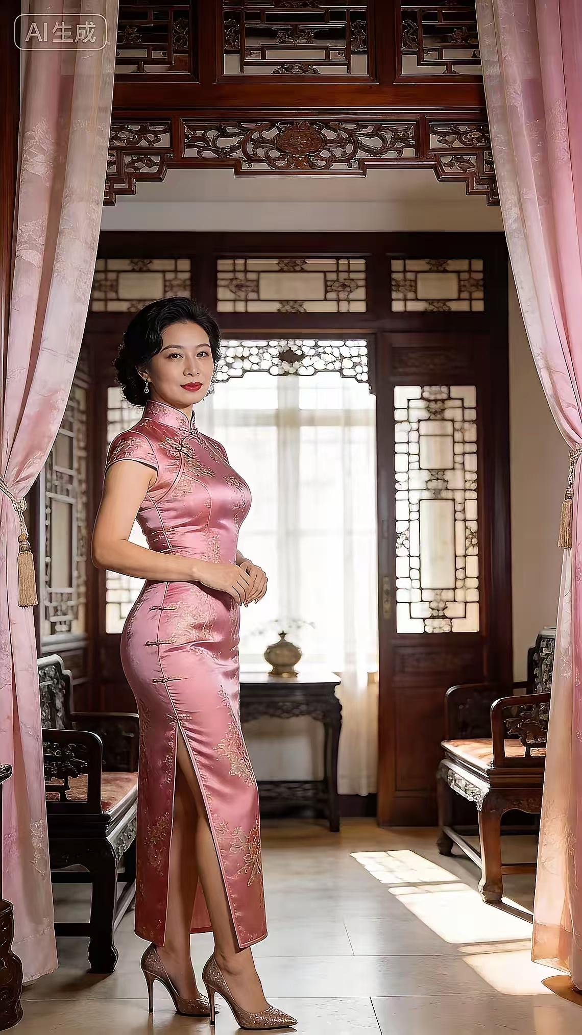 塞鸿秋·粉韵旗袍
柔绡粉缎雕窗凑，
流年静影光阴瘦。
旗袍暗蕴东方秀，
盘扣刺绣