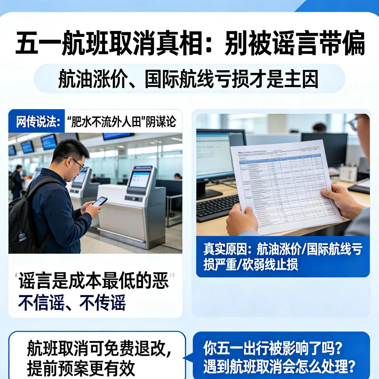 大批五一航班突然取消，别再被谣言带偏了！
 
网上有人说，航班大面积取消是“肥水
