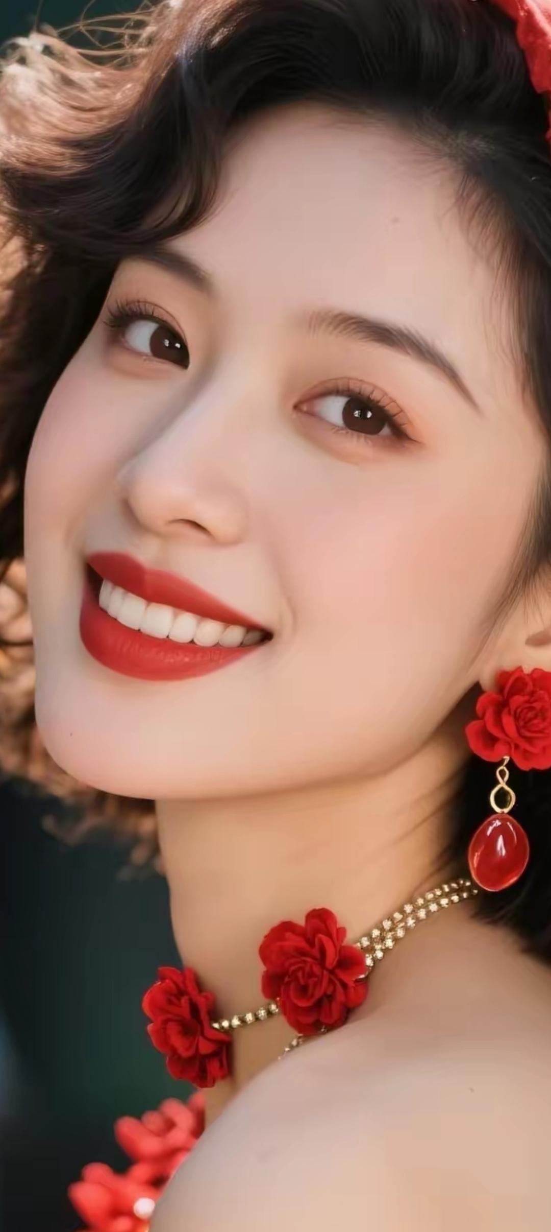 甜美红唇，优雅花饰，绽放迷人微笑🌹💄🌸
