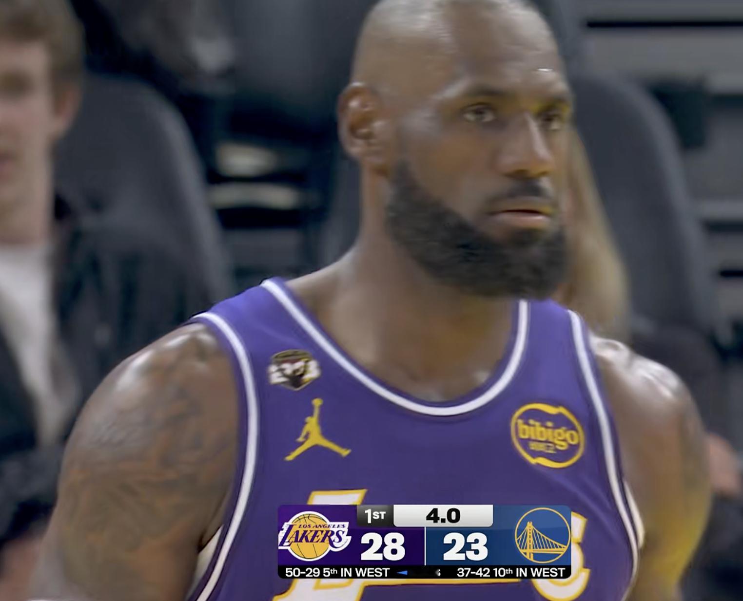 第一节结束，湖人28-23勇士，怎么说？湖人vs勇士 詹姆斯12分1助攻，艾顿7