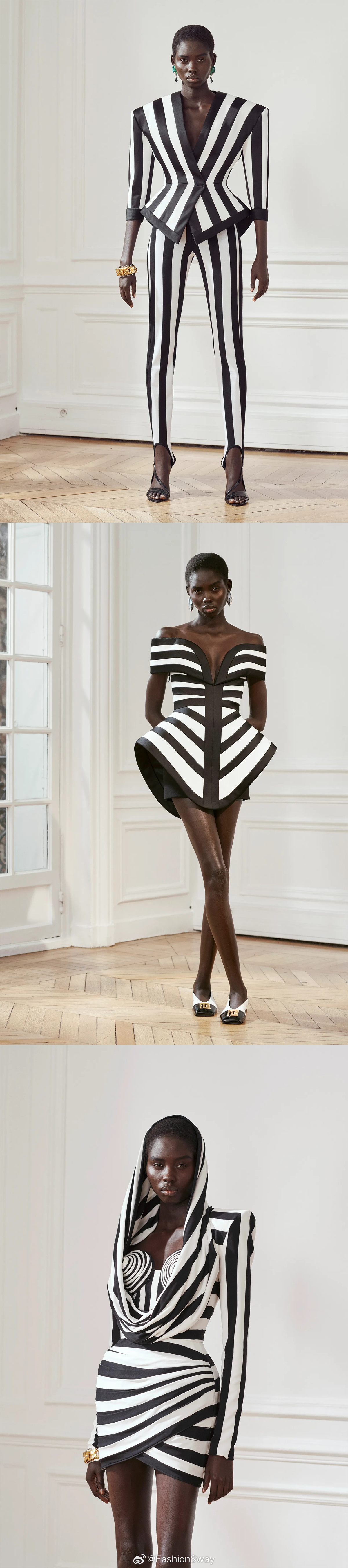 Balmain Pre-Fall 2024 •  黑白格条纹、炫彩火烈鸟、棕榈树