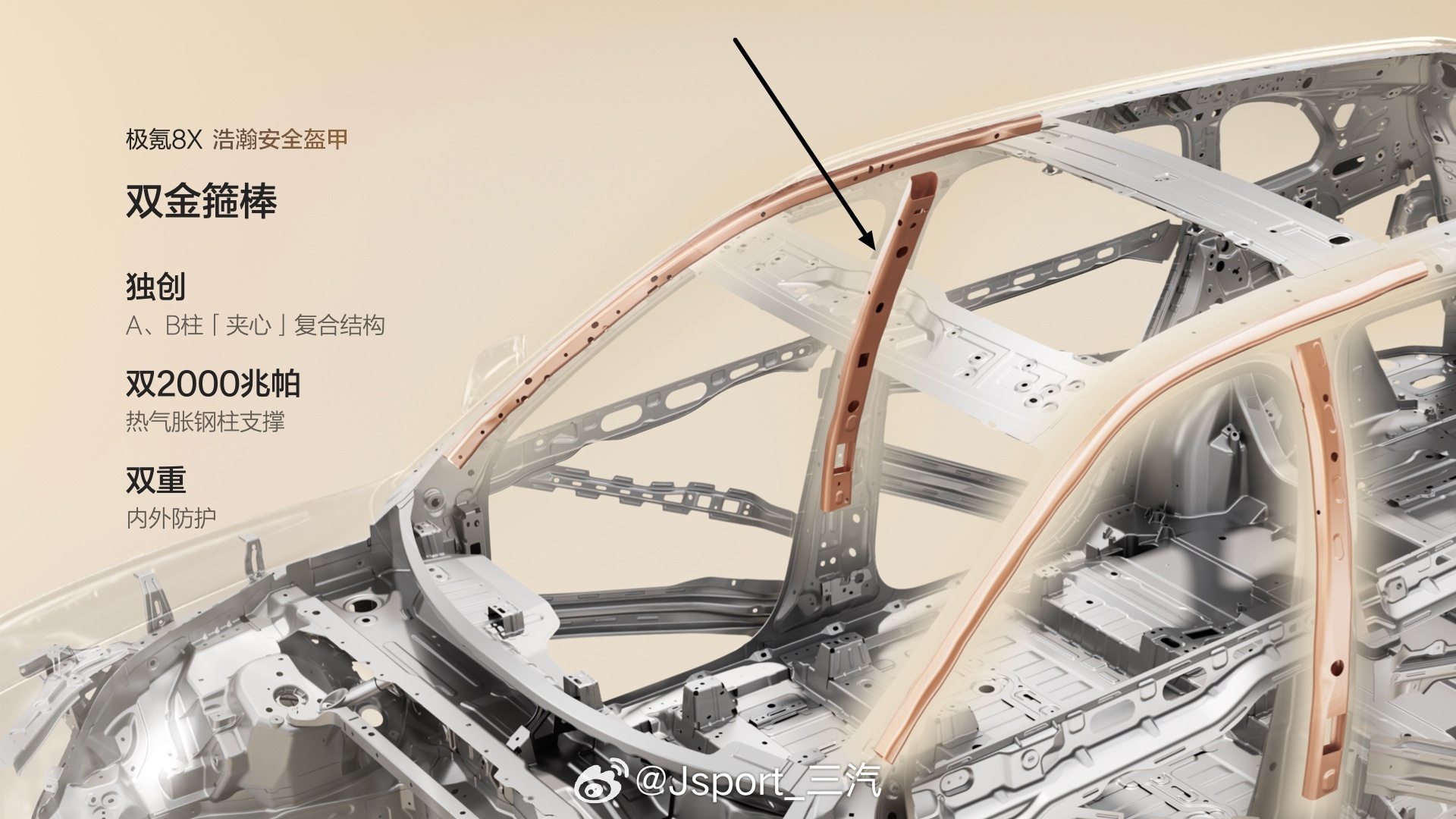 B柱加强件 这根扁管还是很有创意的比那种两根圆管省事多了 