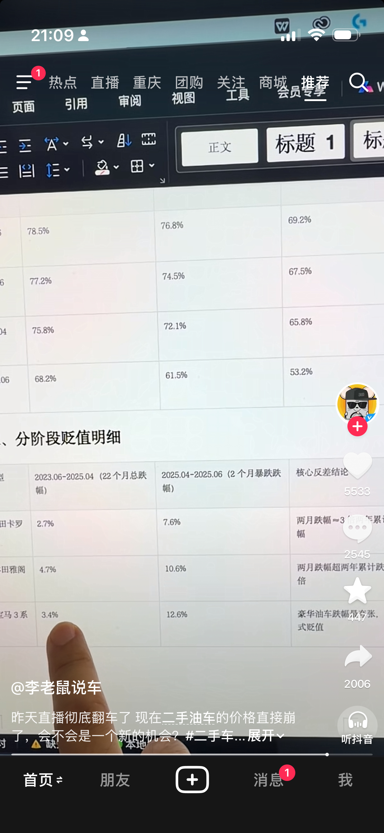 看李老鼠说昨天跟懂车帝直播卖二手车，他选了 11 辆油车一个没卖掉，9 个电车全