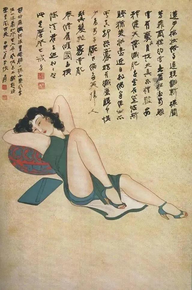 张大千笔下的摩登女郎与仕女结合造型作品中国仕女画 大家人物画真迹