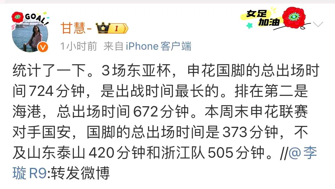 申花记者：申花国脚出场时间最长，国安出场时间还不如泰山和浙江！
知名足球记者甘慧