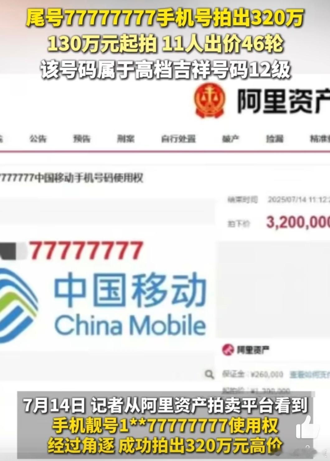 尾号77777777手机号320万元拍出什么？一个手机号居然拍到了320万！😱