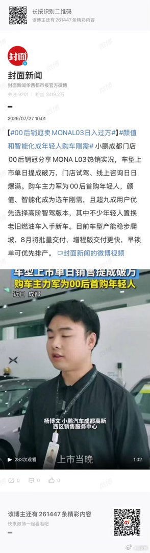 小鹏MONA L03最近热度确实起来了。成都门店一位00后销冠分享，上市后到店试