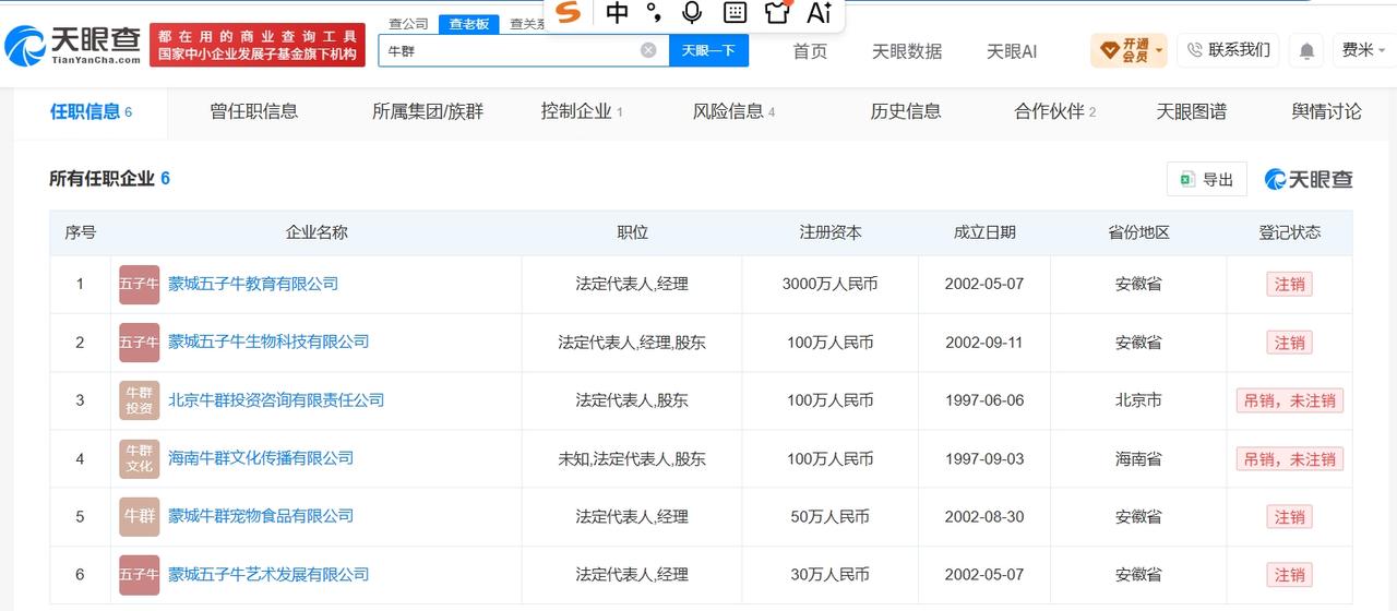 牛群名下企业已被吊销或注销
牛群名下关联6家企业牛群裸捐全部财产
据媒体报道，近