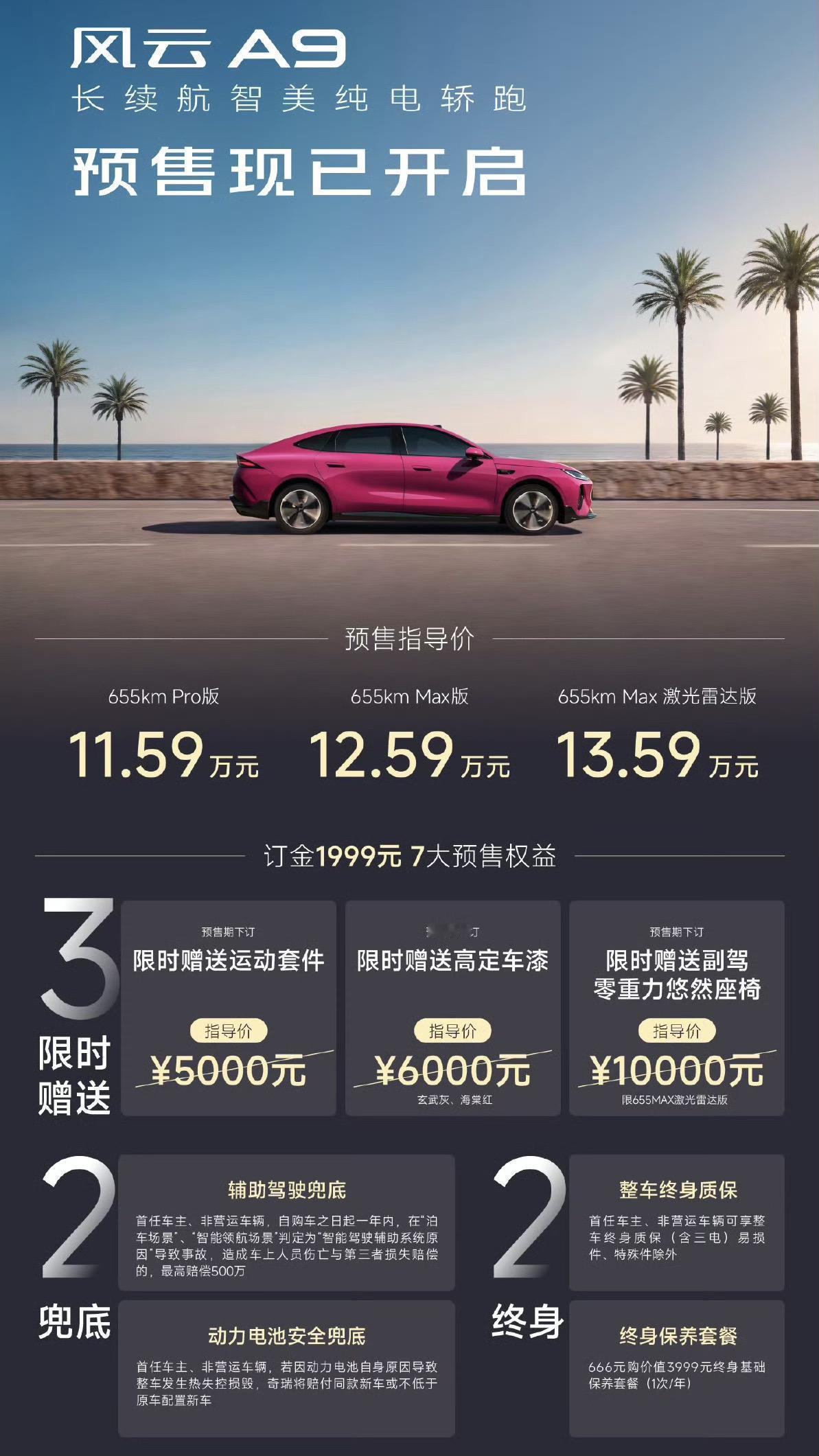 预售价11.59万-13.59万，纯电B级轿车，全系标配70度电池655KM续航