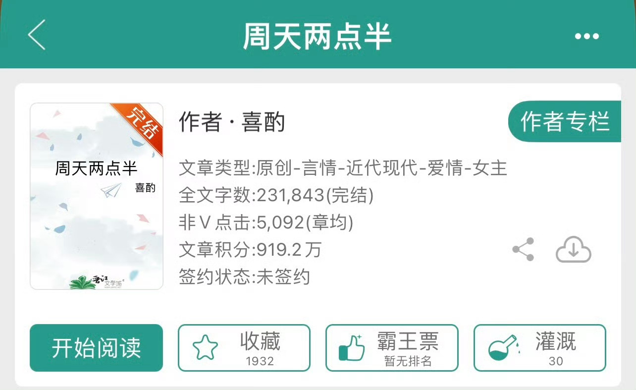 小说推荐：《周天两点半》 作者:喜酌简评：坚韧敏感女护工vs糙汉修车店老板，久别