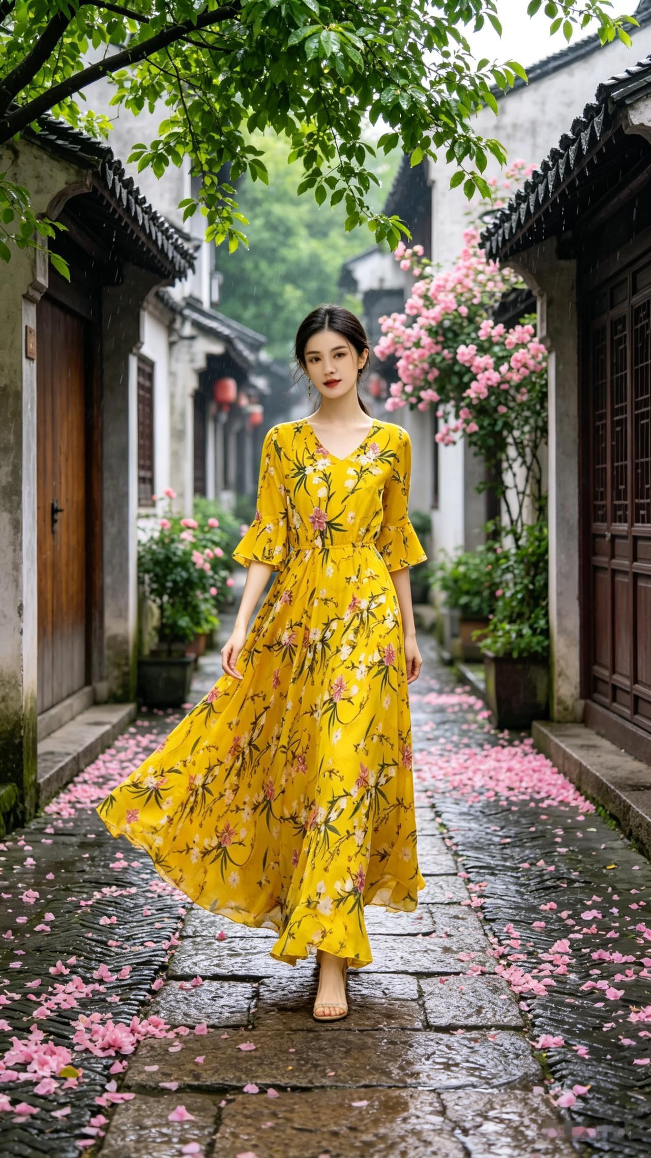 雨后漫步古巷，裙飘逸，粉花点缀，宛如仙境。