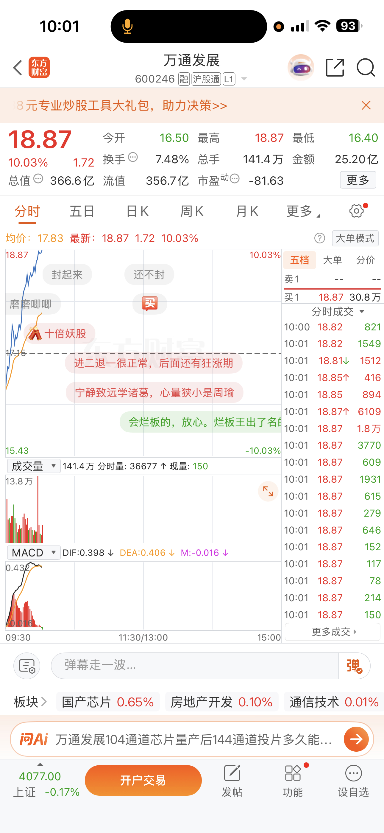 恭喜昨天买入行云科技的内线成员今日冲高出来，进入万通发展，