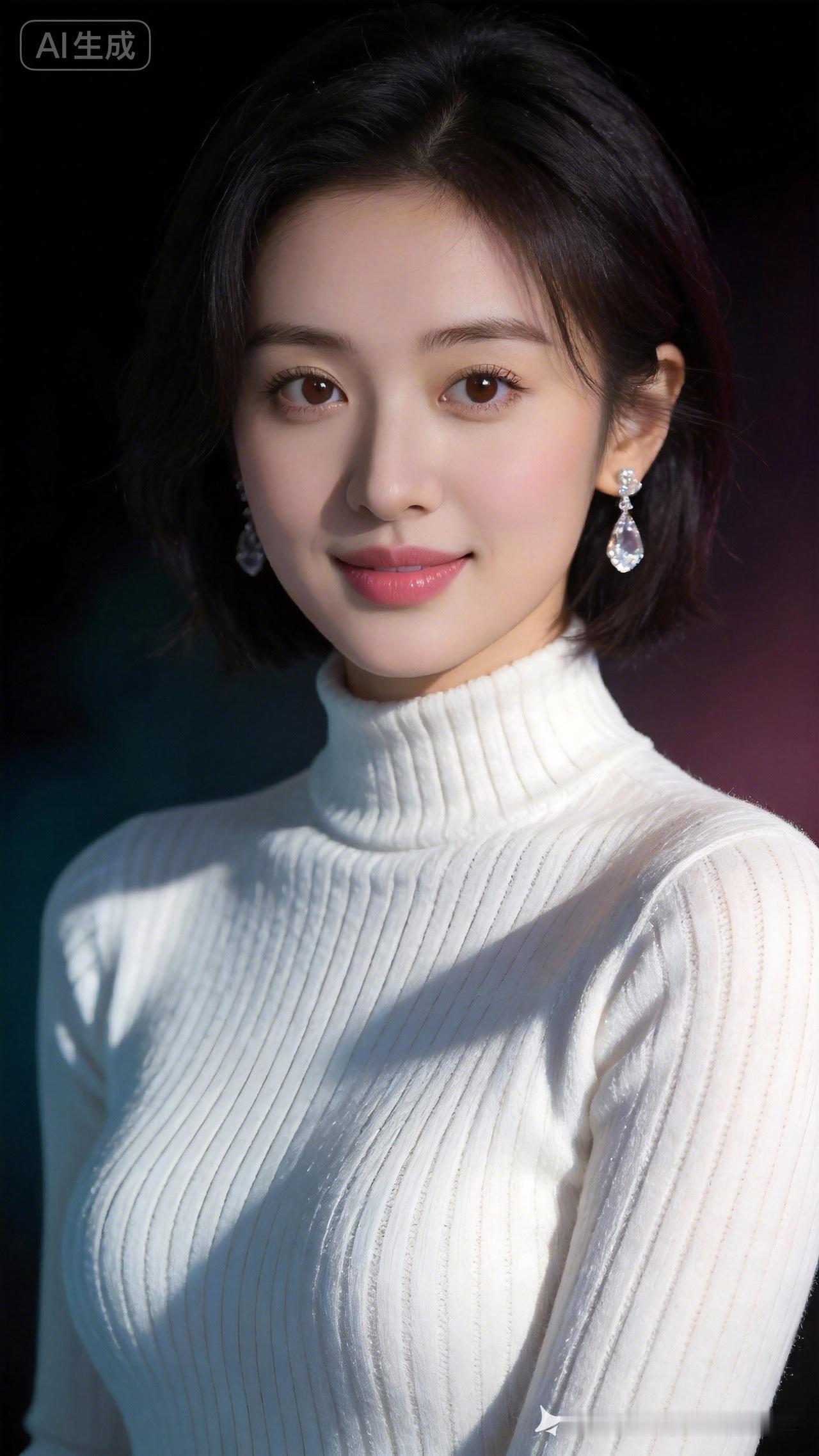 温柔甜美的冬日穿搭，白色高领毛衣搭配闪亮耳环，尽显优雅气质。