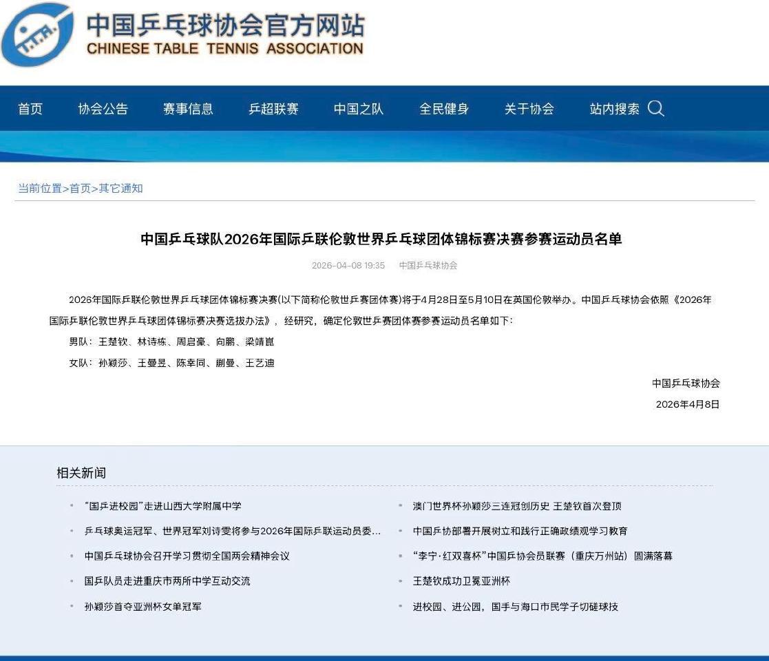 马琳回应伦敦世乒赛名单 今天，中国乒协在官网公布了2026年国际乒联伦敦世界乒乓