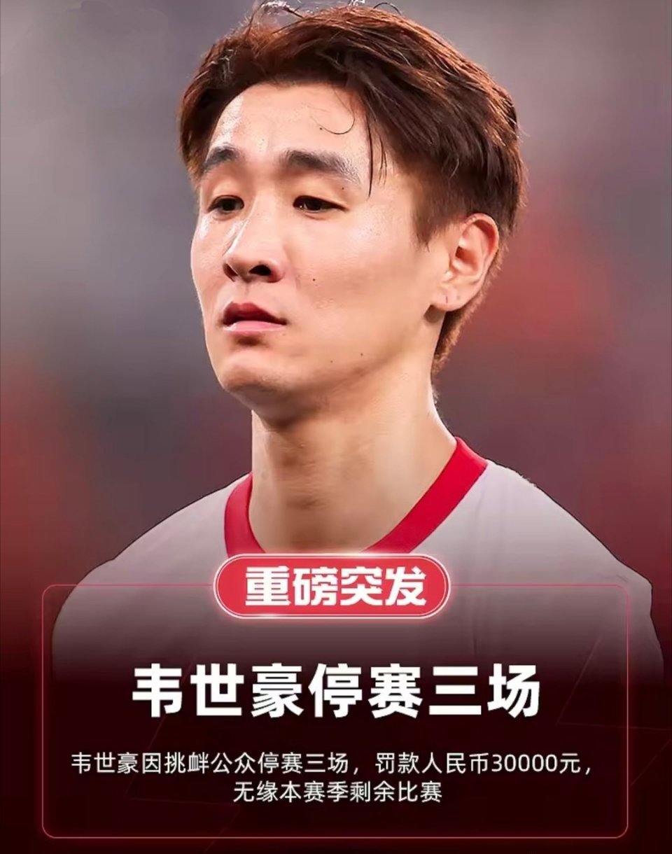 韦世豪无缘中超剩余比赛中足联开出罚单，韦世豪因赛后挑衅行为被停赛3场、罚款3万，