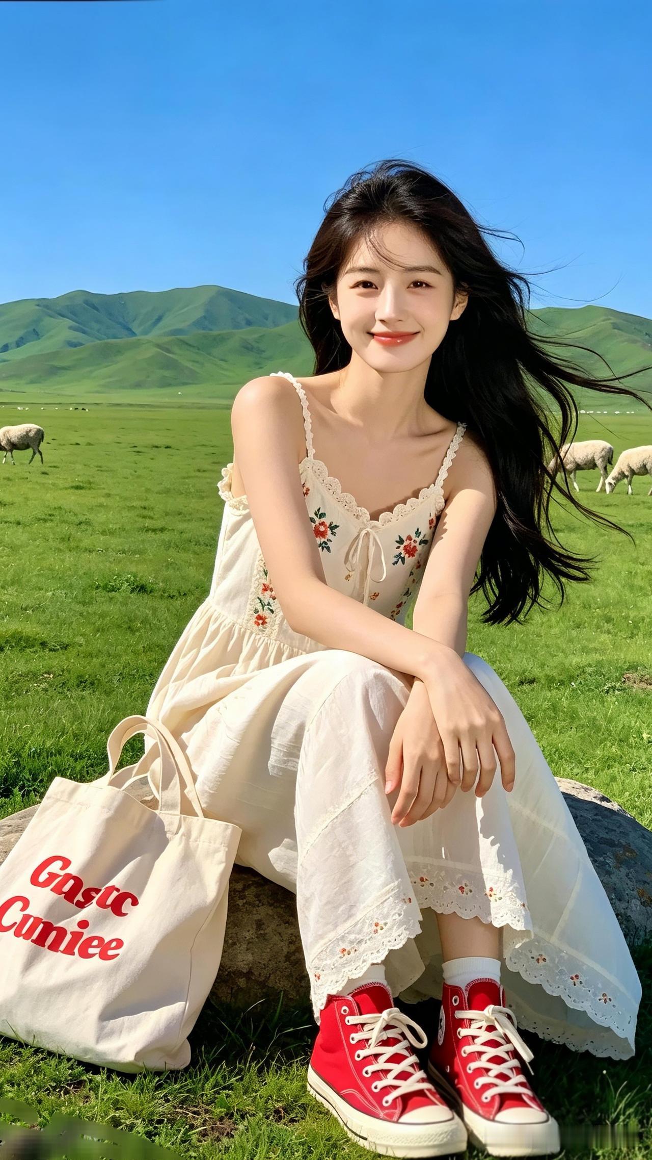 草原上的甜美少女，红鞋白裙，自然风光美如画。