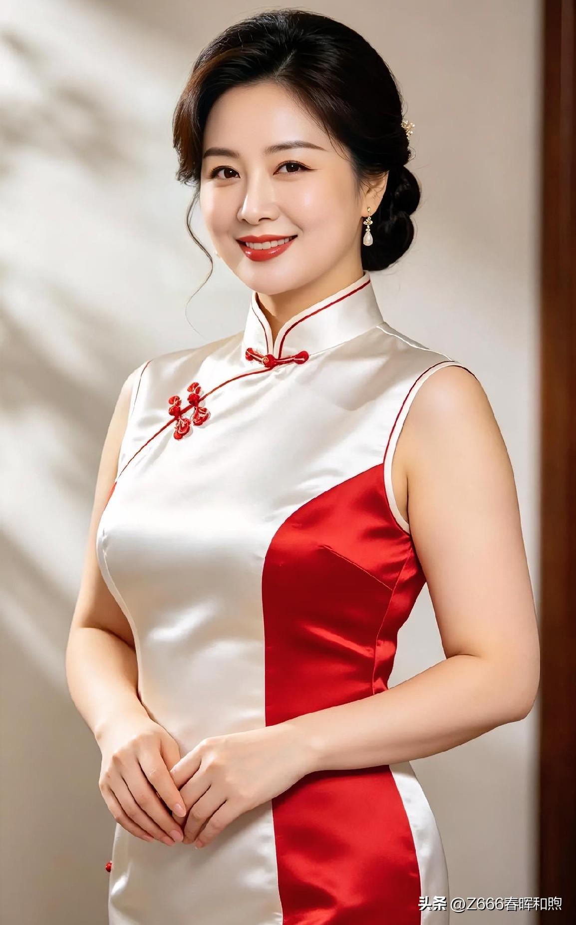 素白凝脂映丹霞，盘扣轻挽东方韵。她浅笑盈盈，端庄雅致，如一杯温润清茶，将岁月的娴
