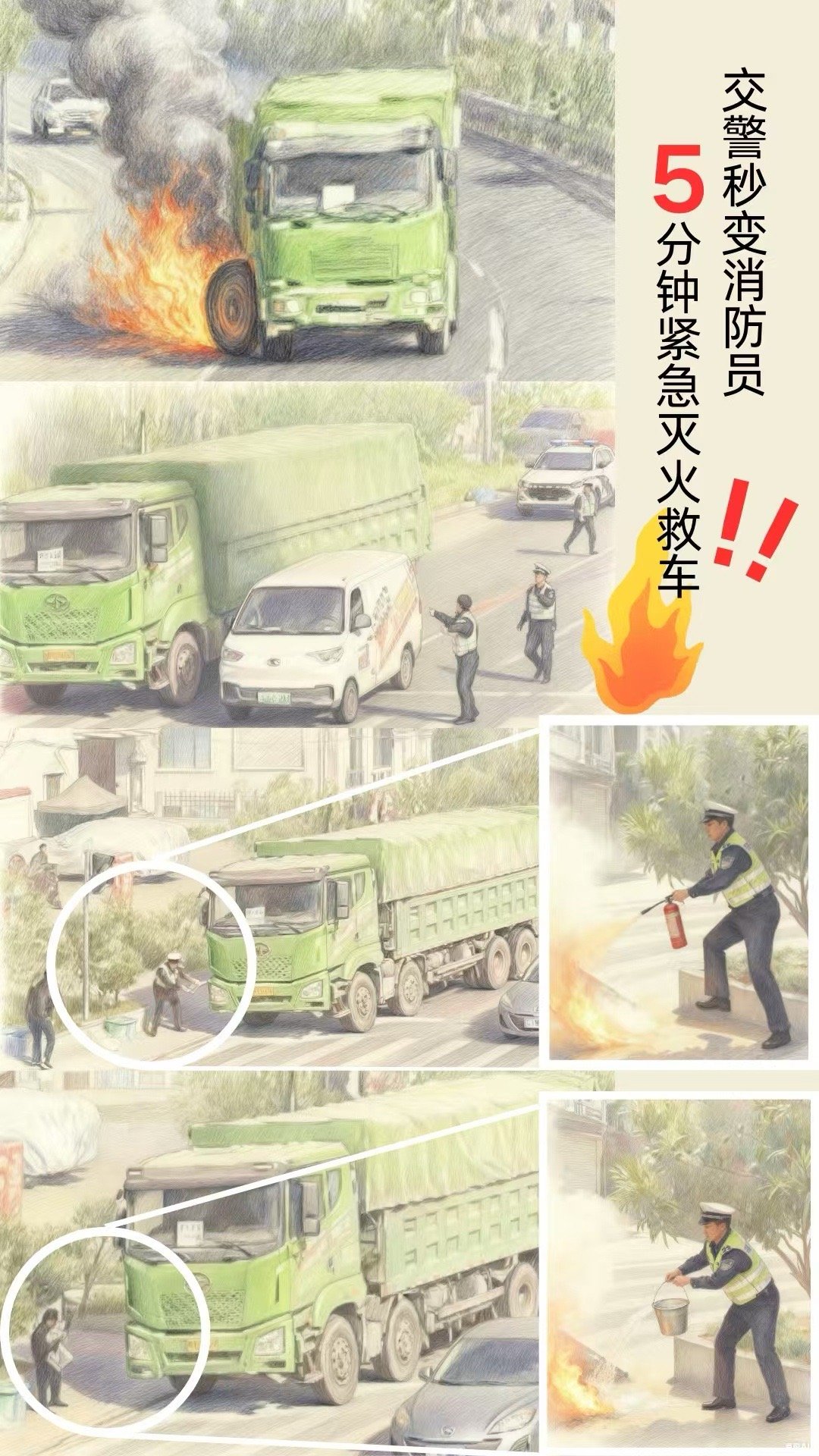 货车轮胎起火浙江交警5分钟化险为夷八婺同心 警报拉响，灭火器就位，水桶接力泼水！