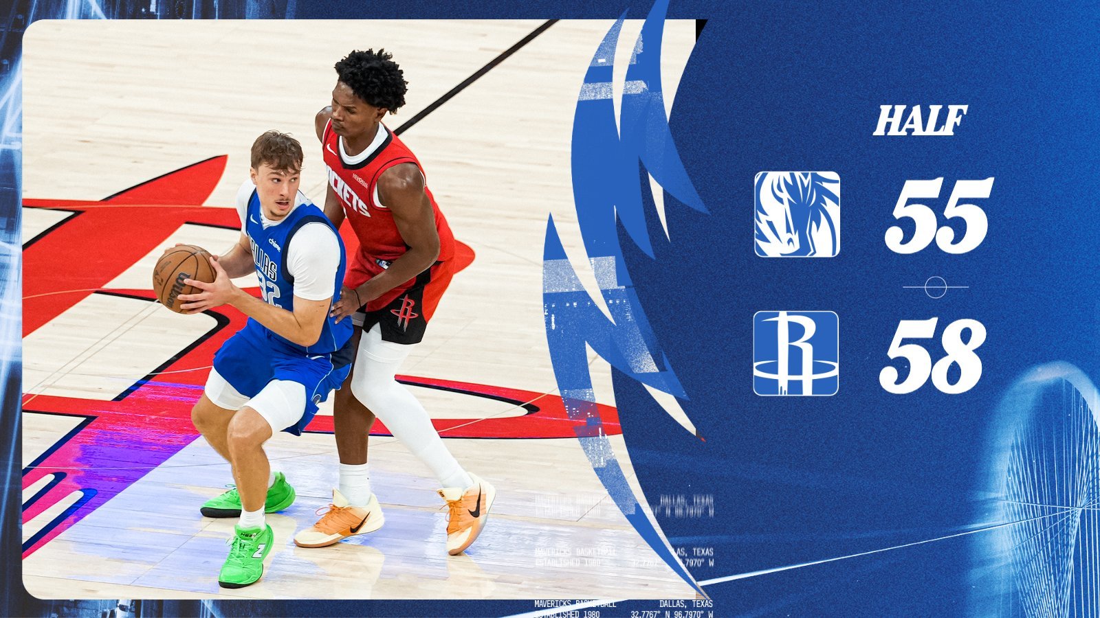 半场结束，独行侠 55-58 落后 3 分。华盛顿不打 5 的情况下在进攻端手感